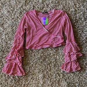 Red & White Layered Flared Long Sleeve Crop Top